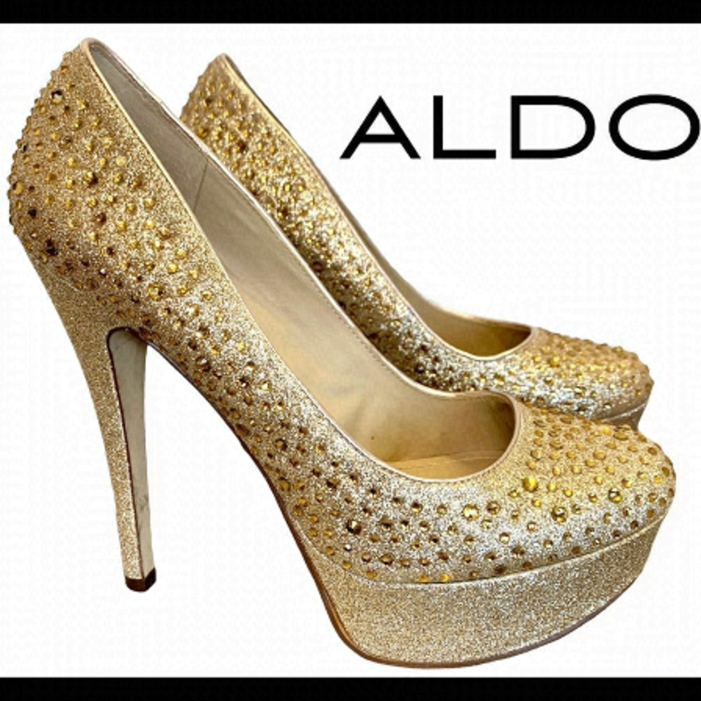 Aldo Gold glitter rhinestone platform high heel pumps size 7.5